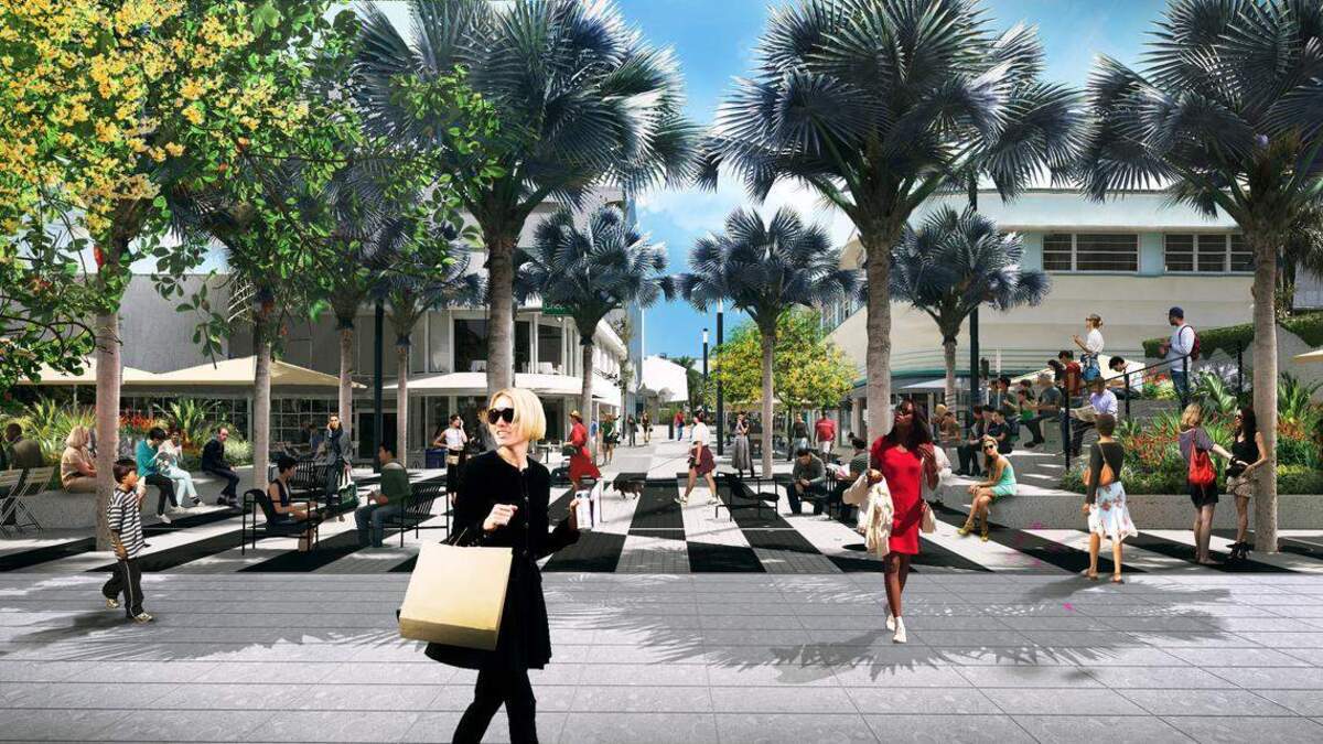 Una representación arquitectónica muestra un espacio para espectáculos similar a un anfiteatro con gradas a la derecha, que forma parte de una renovación, largamente postergada, de Lincoln Road Mall, actualmente en curso.