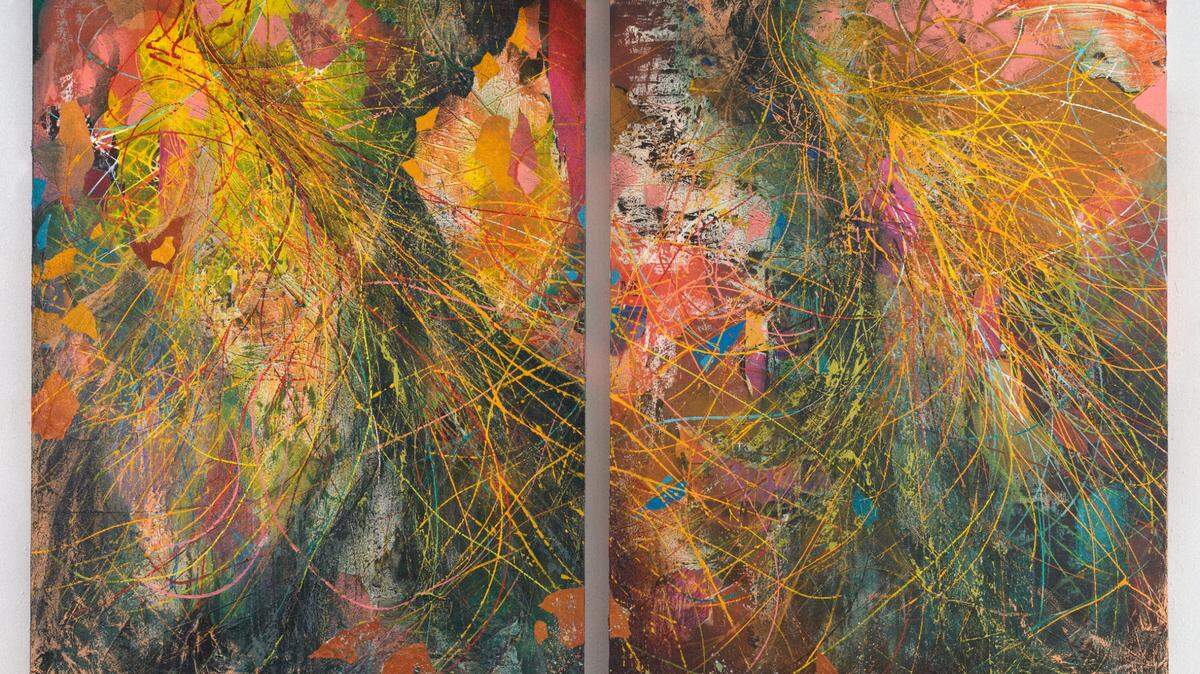 ‘Breath of Life, Inhale and Exhale’, 2024. Acrílico, óleo, esmalte, collage y yeso sobre lienzo. Dos paneles: 96 x 72 pulgadas cada uno.