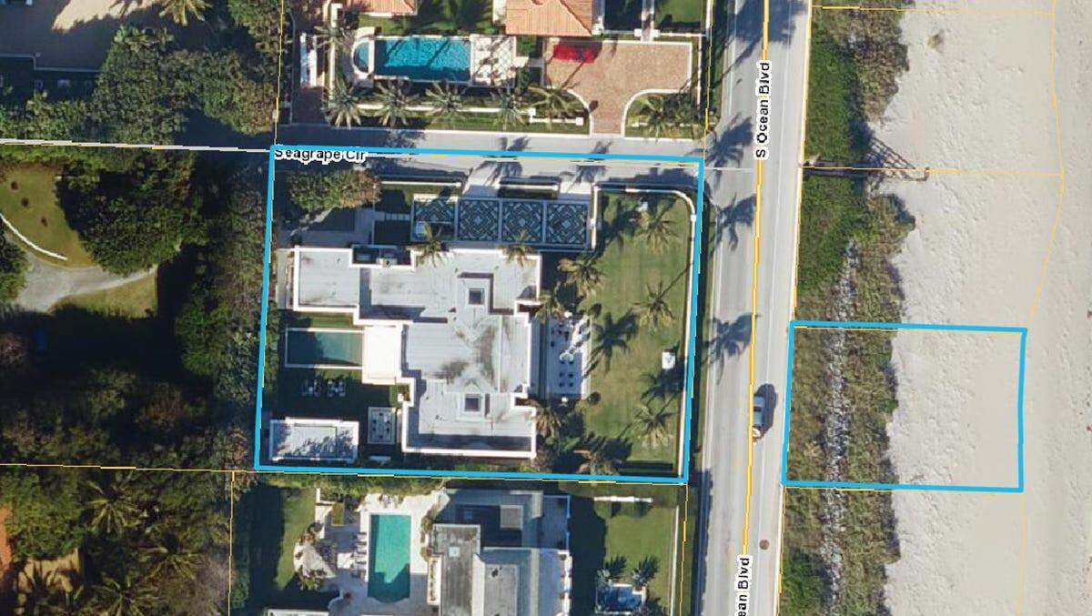 An aerial photo shows the house at 1632 S. Ocean Blvd. and its beach parcel across the coastal road, both outlined with a blue perimeter line.