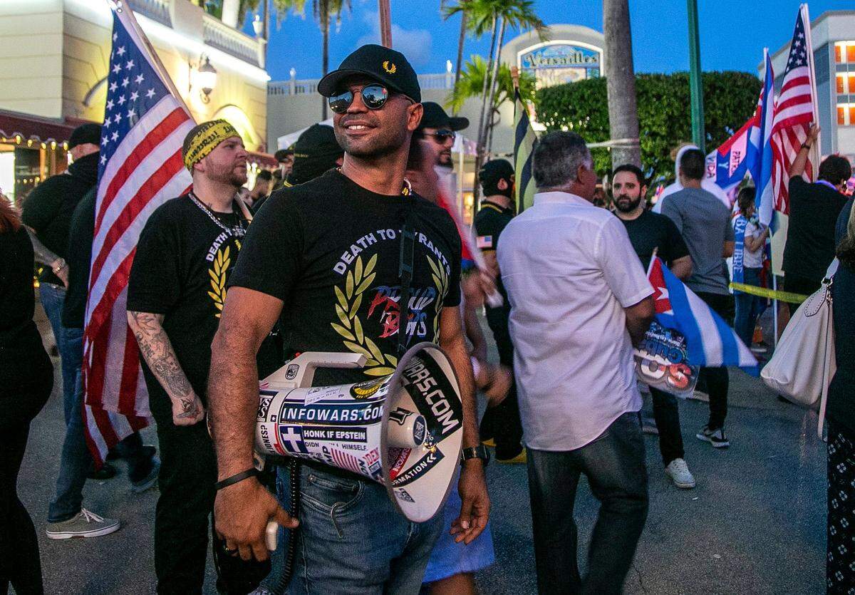 File photo of former Proud Boy Enrique Tarrio in front of Versailles Restaurant on Calle Ocho, before his arrest in connection with the storming of the Capitol.