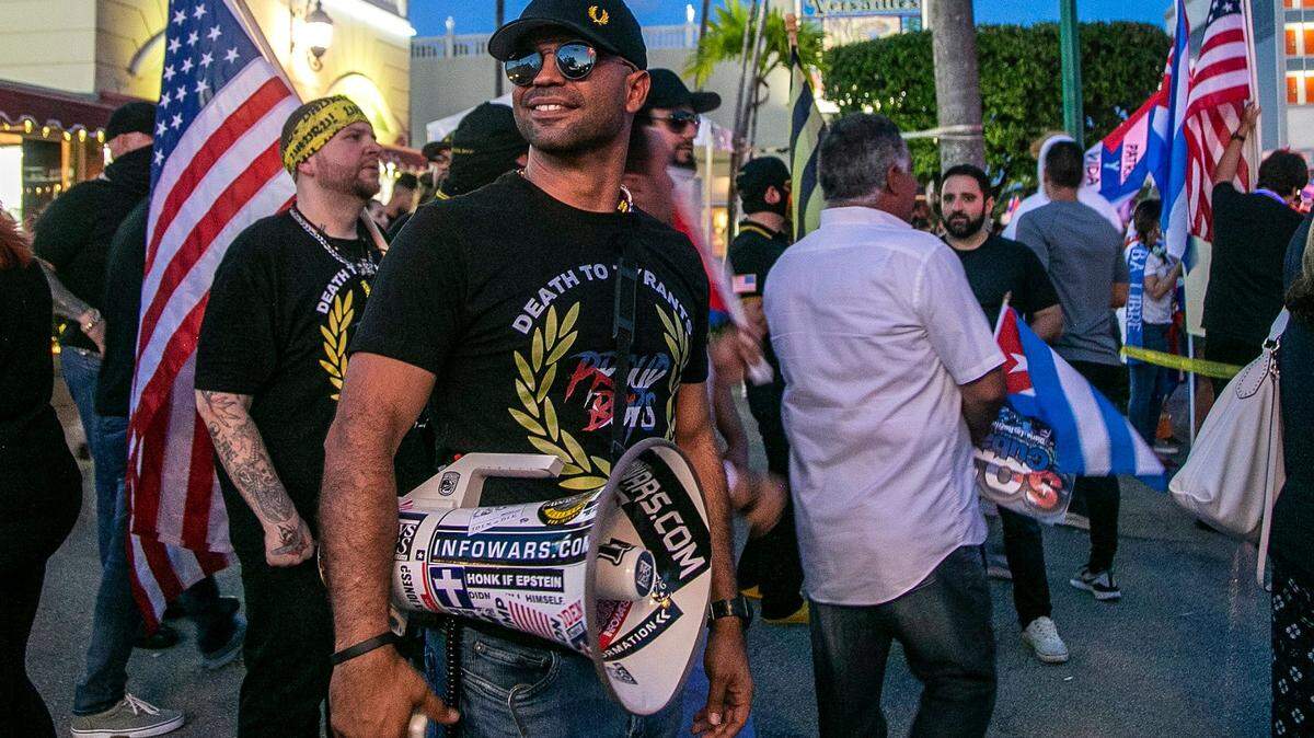 File photo of former Proud Boy Enrique Tarrio in front of Versailles Restaurant on Calle Ocho, before his arrest in connection with the storming of the Capitol.