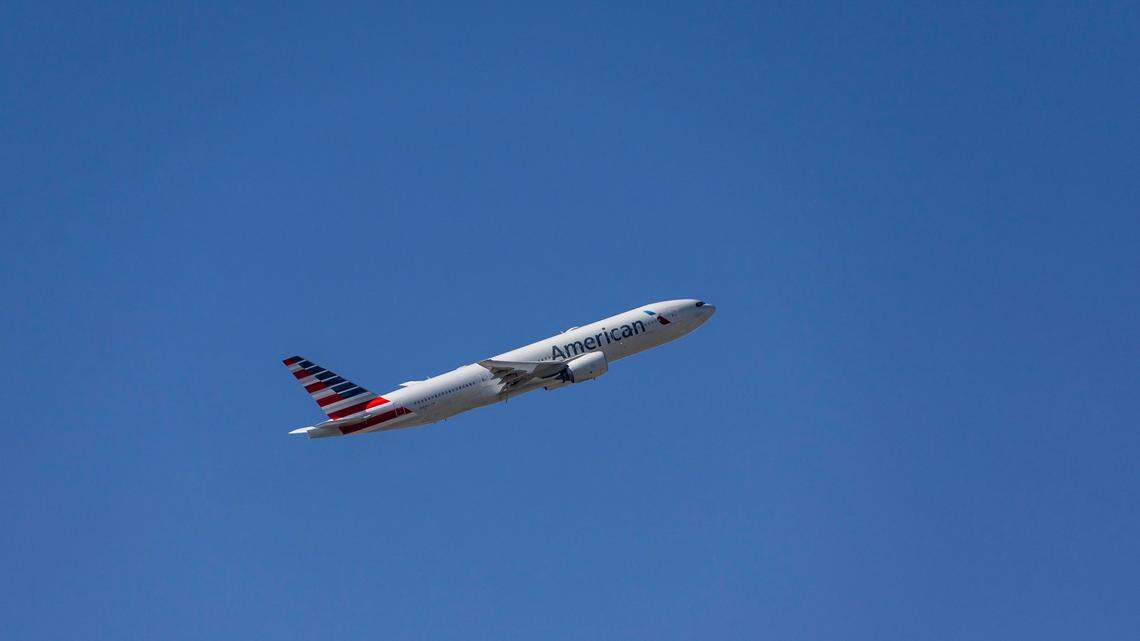 An American Airlines flight takes off from Miami International Airport on May 1, 2023.