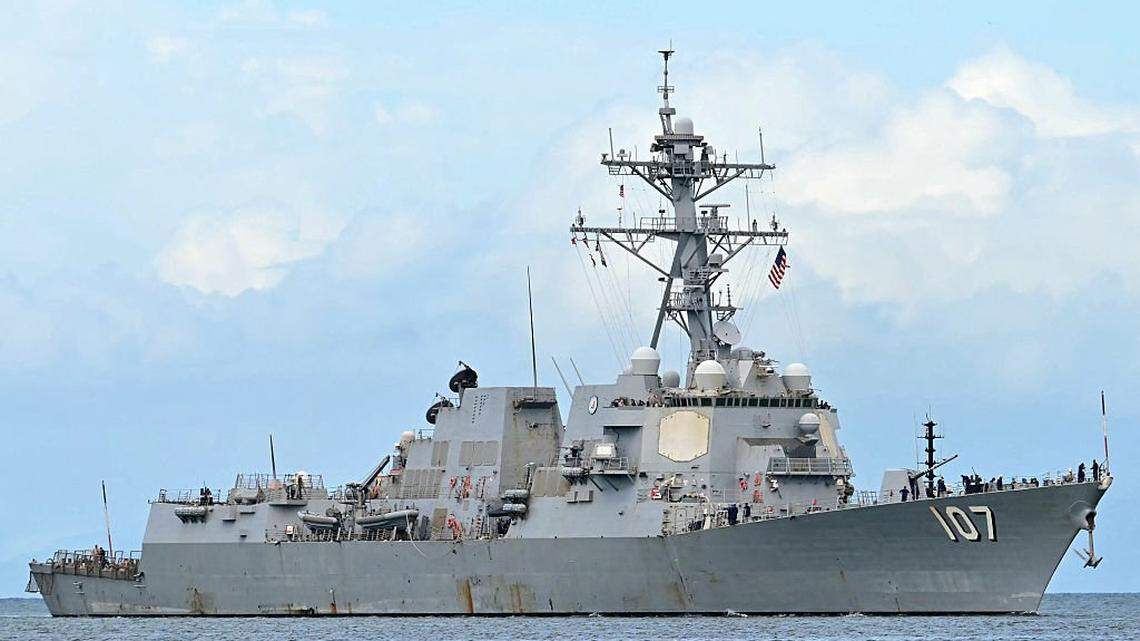 TOPSHOT - The USS Gravely warship enters the port of Port of Spain on October 26, 2025. The US warship will visit Trinidad and Tobago for joint exercises near the coast of Venezuela amid Washington's campaign against alleged drug traffickers in the region. (Photo by MARTIN BERNETTI / AFP) (Photo by MARTIN BERNETTI/AFP via Getty Images)