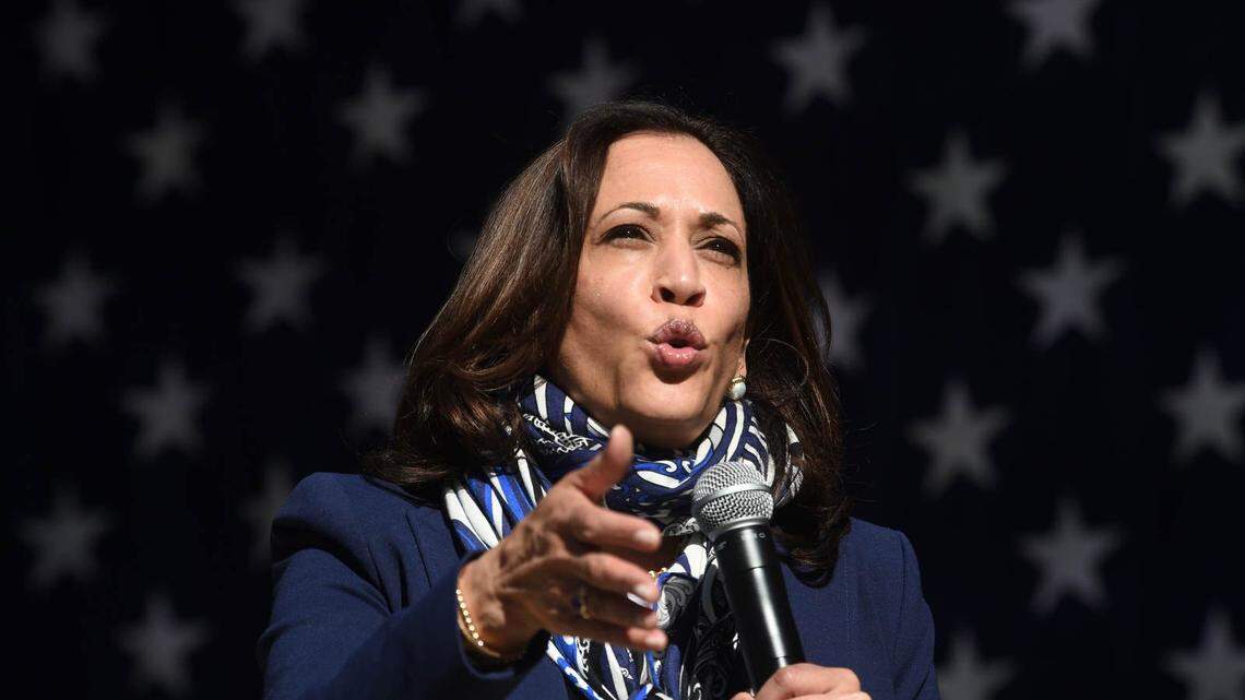Senator Kamala Harris holds a campaign rally in the Hawkins Amphitheater at Bartley Ranch in Reno on Oct. 27, 2020.