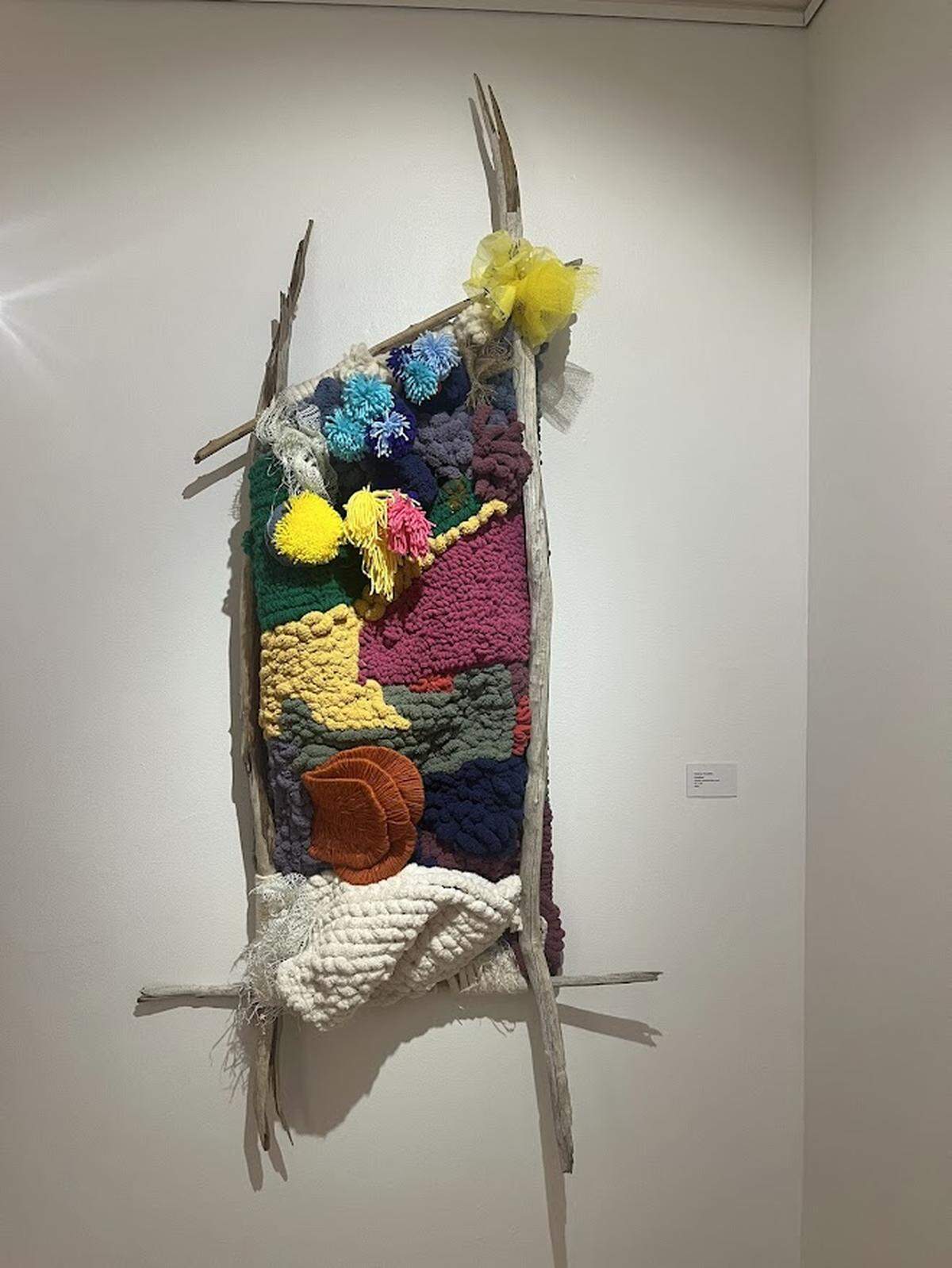 Sin título, 2024, de Rafael Montilla. Textil enmarcado en raíces, 74 x 36 pulgadas.&nbsp;