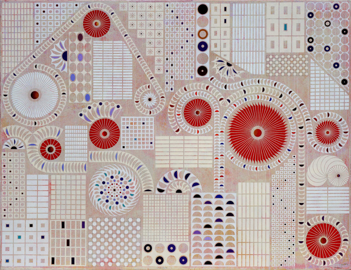 ‘Ciudad exuvia’, 2022, óleo y lápices de acuarela sobre lienzo, 68 x 88 pulgadas.