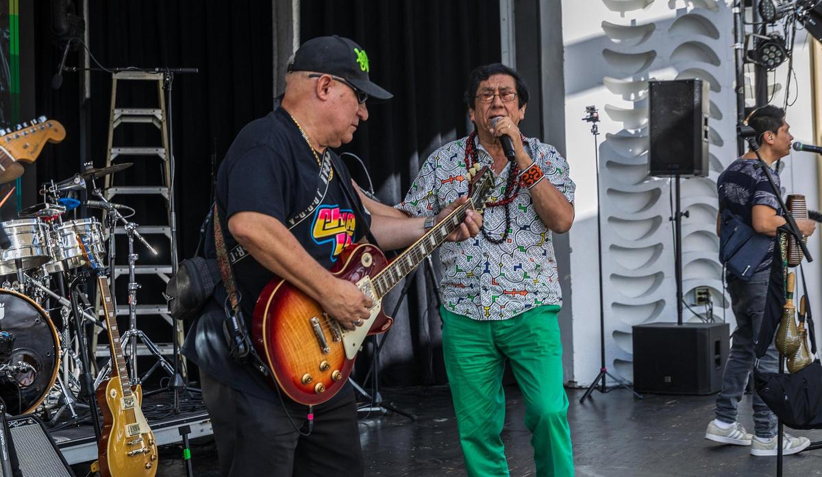 Founder Jorge Rodríguez (right) and Danny Johnson on guitar of “Los Mirlos“, playing during a sound check before their performance at the Bandshell in Miami Beach. Los Mirlos, the legendary Peruvian Cumbia group who have been combining traditional Andean-Amazonian music with avant-garde psychedelia for 50+ years. on Wednesday April 09, 2025.