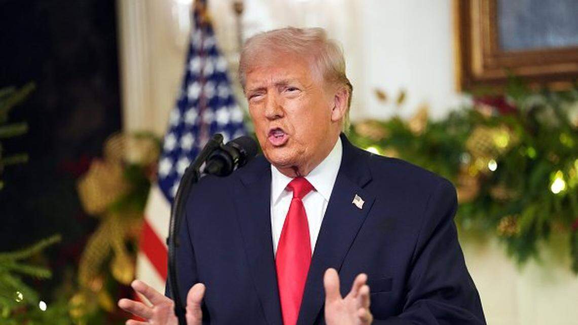 WASHINGTON, DC - DECEMBER 17: U.S. President Donald Trump addresses the nation from the Diplomatic Room of the White House on December 17, 2025 in Washington, DC. White House press secretary Karoline Leavitt said Trump would be "addressing the country about all of his historic accomplishments over the past year, and maybe teasing some policy that will be coming in the new year, as well." (Photo by Doug Mills - Pool/Getty Images)