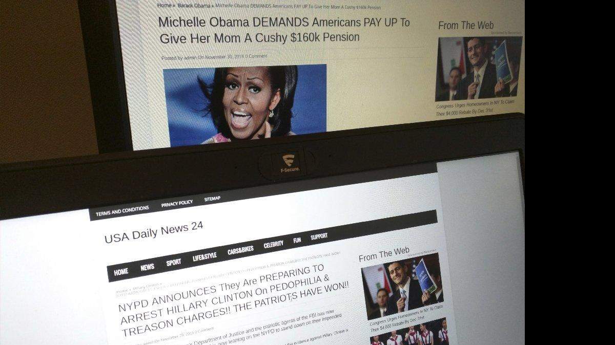  fotografía tomada en París el  2 de diciembre de 2016. Se muestra dos historias de USA Daily News 24, un sitio de noticias falsas registradas en Veles, Macedonia, uno de los 200 sitios orientados a EE.UU. que ha surgido como el un posible centro de distribución de la desinformación en Facebook. Ambas historias que se muestran aquí son falsas.