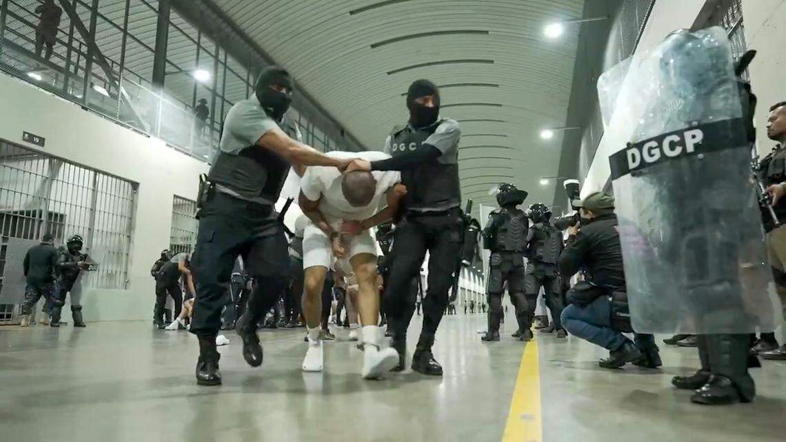 A screenshot of a video from the Salvadoran government shows alleged members of the Venezuelan gang Tren de Aragua, deported by the U.S. government, detained at the Terrorism Confinement Center in El Salvador in March 2025.