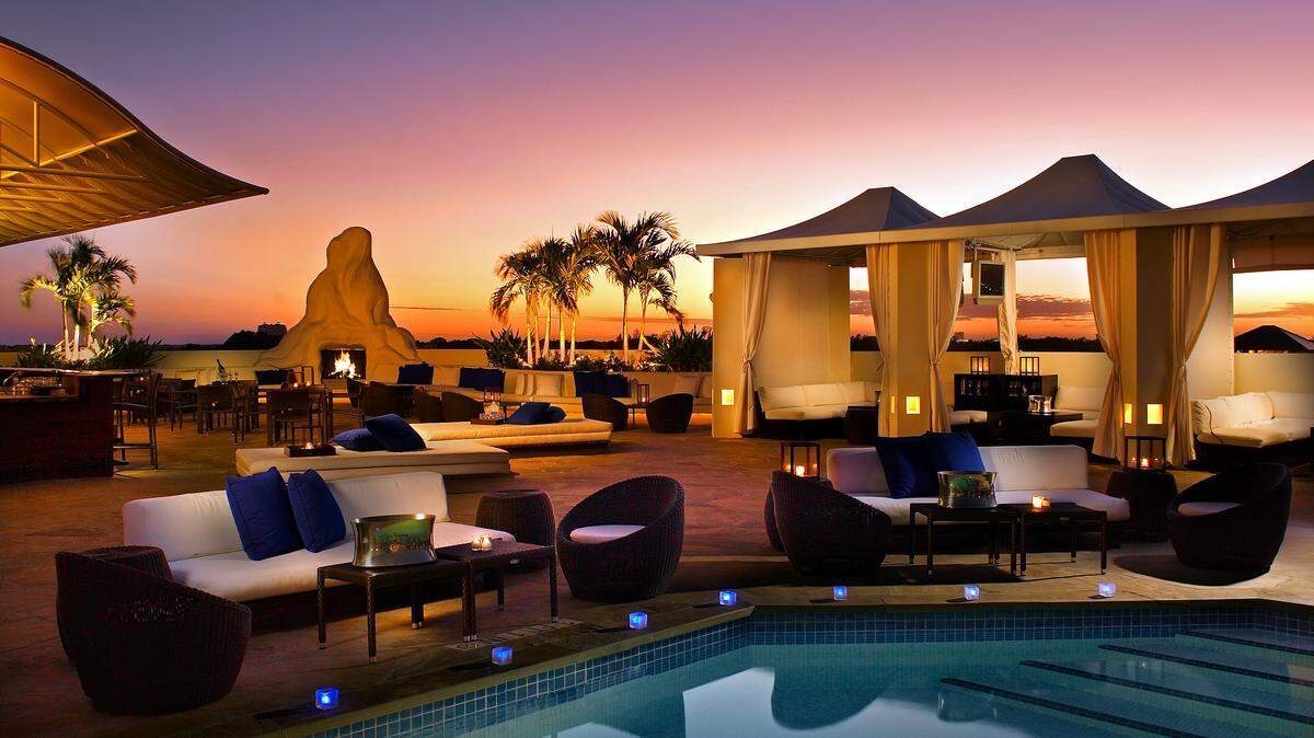The pool at Mayfair Hotel in Coconut Grove offers spectacular sunset views in Miami.