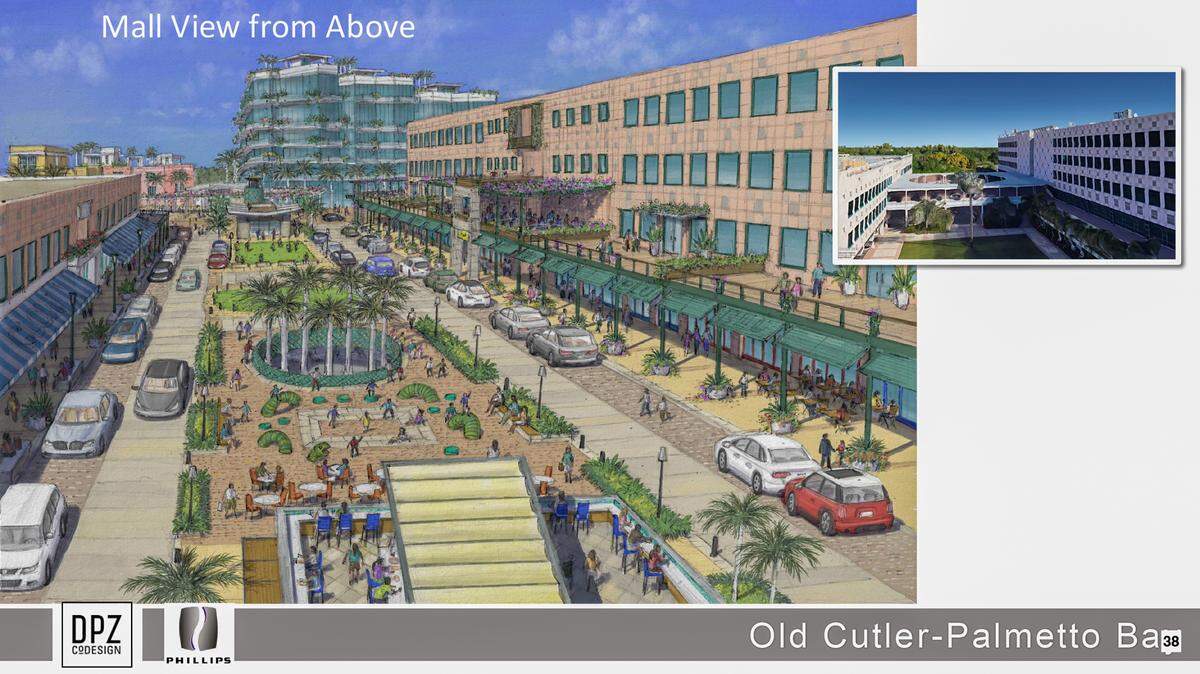 Un plano arquitectónico muestra el posible aspecto de una nueva calle comercial principal, elevada dos pisos para mitigar inundaciones, cuando el campus del Palmetto Bay Village Center se someta a una conversión planificada en un complejo de casas adosadas, apartamentos, locales comerciales y oficinas. El proyecto reutilizaría los edificios originales del centro (recuadro), construidos como sede corporativa de Burger King en la década de 1980.