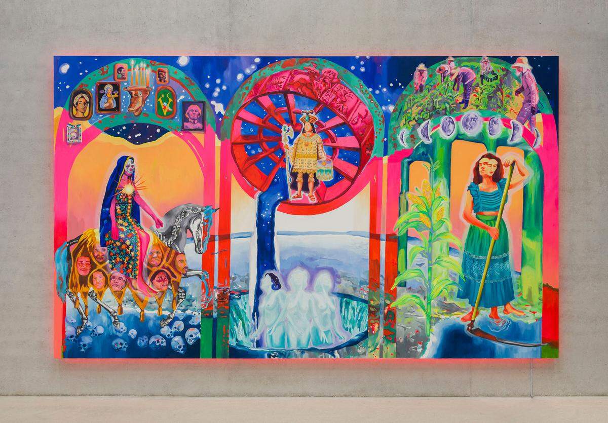 Vista de instalación ‘O sonho sul Americano’ (The South American Dream), 2022–23, óleo sobre lienzo, 196 3/4 X 118 1/8 pulgadas.