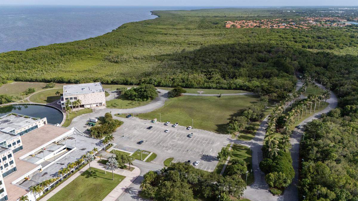 Vista aérea desde un dron muestra el campus de oficinas del Palmetto Bay Village Center, abajo, en un terreno con riesgo de inundación en la Bahía Biscayne el 2 de julio de 2025. Una reserva natural colinda con el terreno al sur. Arriba se encuentra el complejo residencial Saga Bay. Tanto Saga Bay como el campus de oficinas, construido como sede corporativa de Burger King en la década de 1980, sufrieron graves daños por la marejada ciclónica y los vientos del huracán Andrew en 1992.