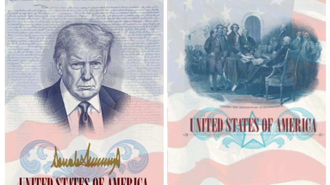 Imágenes compartidas el martes, 28 de abril de 2026, por el Departamento de Estado de la foto del presidente Donald Trump que aparecerá en una edición especial del pasaporte que conmemora los 250 años de la Declaración de Independencia.