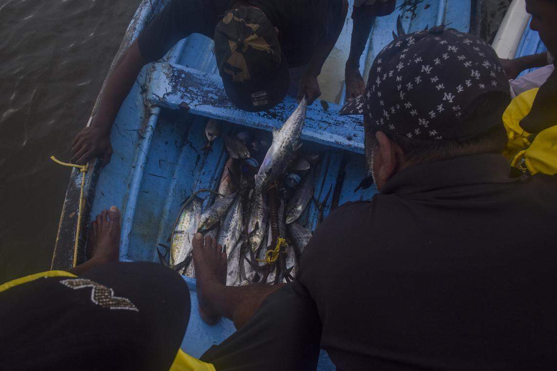 Varios pescadores en una embarcaci’on en aguas donde piratas venezolanos han robado o matado a colegas, en una imagen del 12 de julio del 2018. Las aguas entre Venezuela y Trinidad se han vuelto en extremo peligrosas.