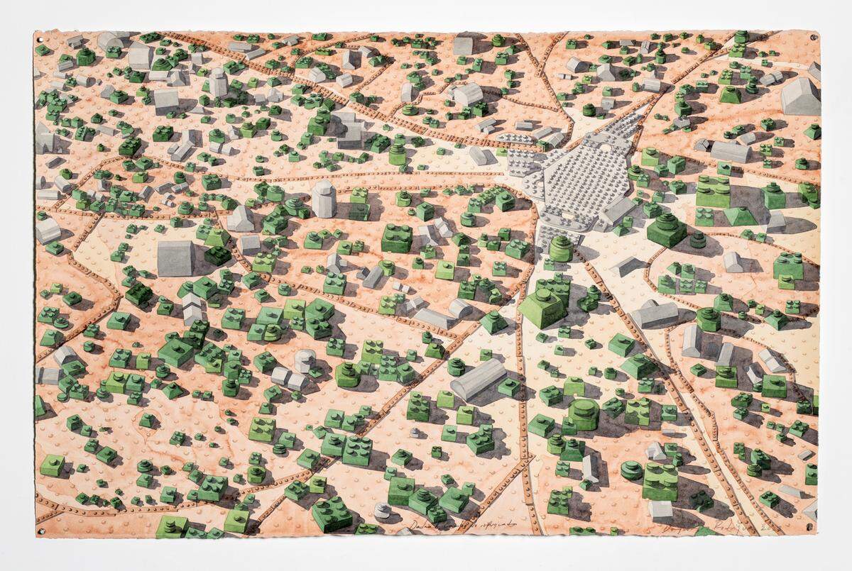 ‘Dadaab, campo de refugiados’, 2023, de Dagoberto Rodríguez. Acuarela sobre papel 26 x 40.5 pulgadas.