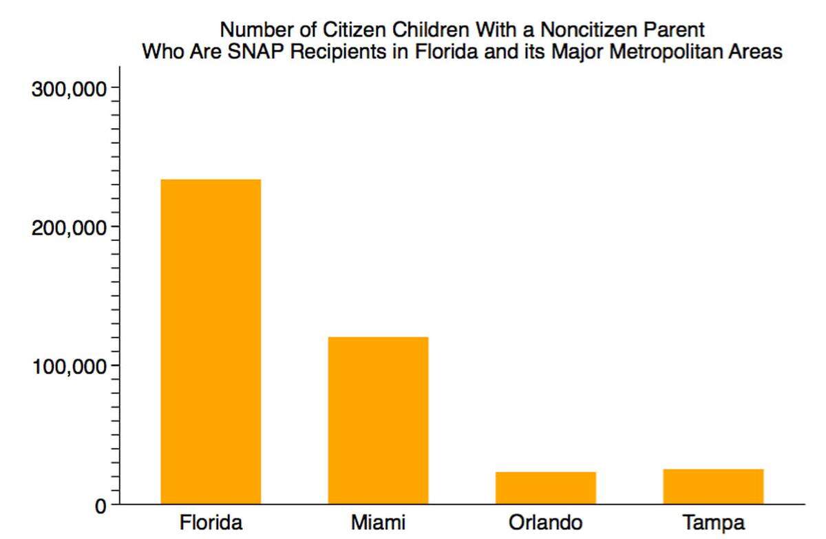 Más de 233,000 niños en la Florida que están inscritos en el Programa de Asistencia Nutricional Suplementaria nacieron en Estados Unidos pero viven en núcleos familiares en que uno o los dos padres no son ciudadanos estadounidenses. La mitad vive en los condados Miami-Dade, Broward y Palm Beach.