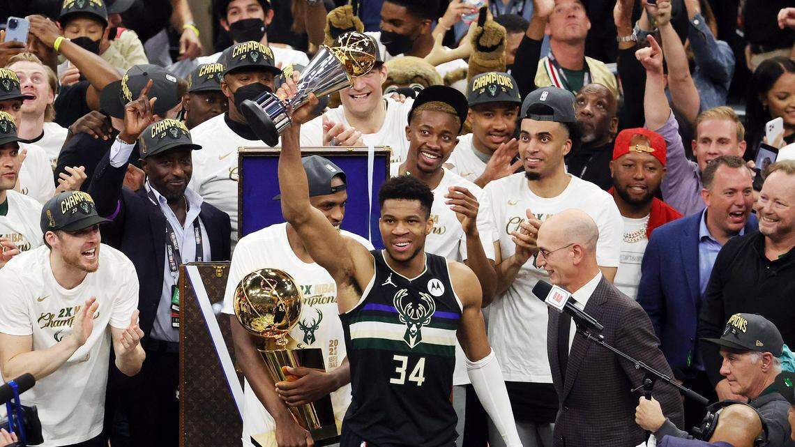 Giannis Antetokounmpo (34) celebrates leading the Bucks to the NBA championship Tuesday night. See where the Miami Dolphins rank among the current longest title droughts in American major sports.