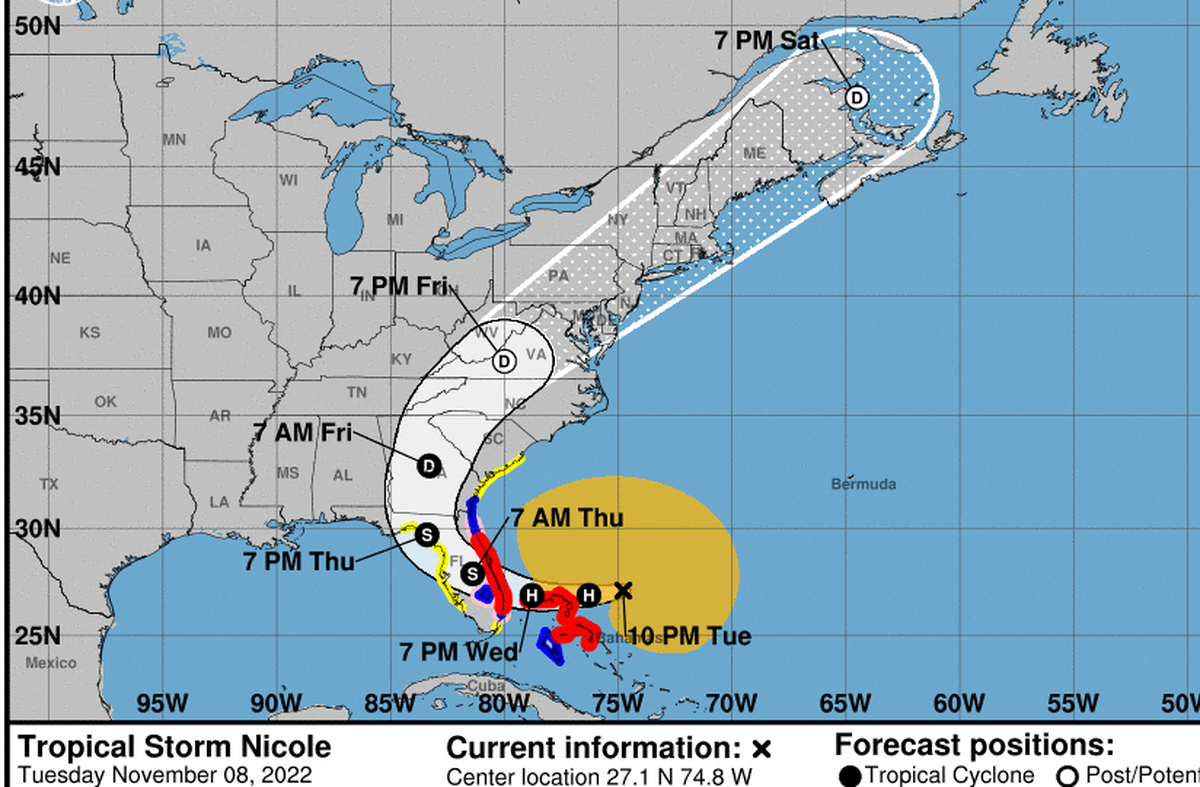 Los vientos máximos de la tormenta Nicole se incrementaron a 65 mph (100 Km/h) el 8 de noviembre de 2022 y se pronostica que se transformará en un huracán antes de tocar tierra en Florida.