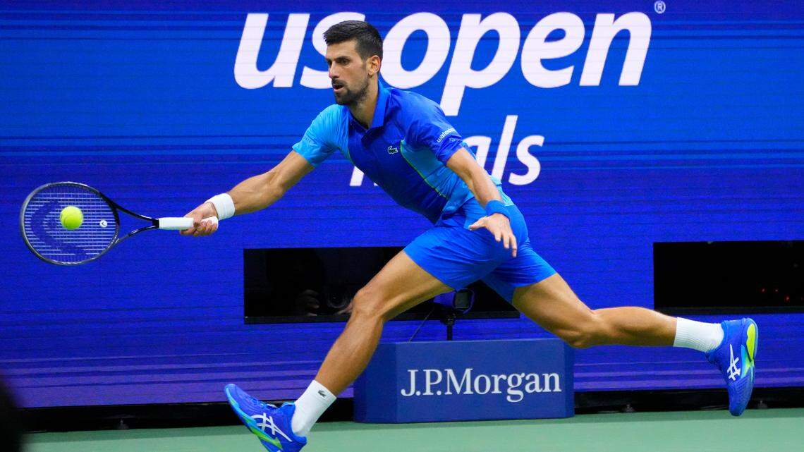 Sep 10, 2023; Flushing, NY, USA; Novak Djokovic of Serbia hits a forehand against Daniil Medvedev in the men’s singles final of the 2023 U.S. Open tennis tournament at USTA Billie Jean King National Tennis Center. Mandatory Credit: Robert Deutsch-USA TODAY Sports