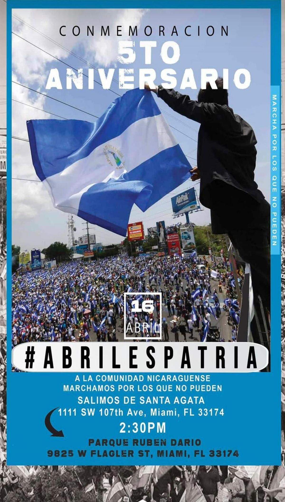 La comunidad nicaragüense del sur de Florida conmemorará el quinto aniversario de las protestas que estallaron en Nicaragua el 18 de abril de 2018.