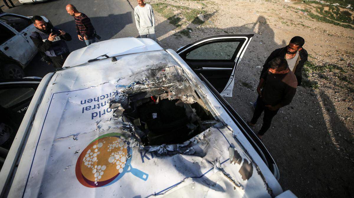 One of the cars with the logo of the NGO World Central Kitchen (WCK) that was attacked by Israel in Deir Al-Balah, in the central Gaza region, on Monday, April 1, 2024. The bombing killed seven volunteers of the organization founded by the famous chef José Andrés.
