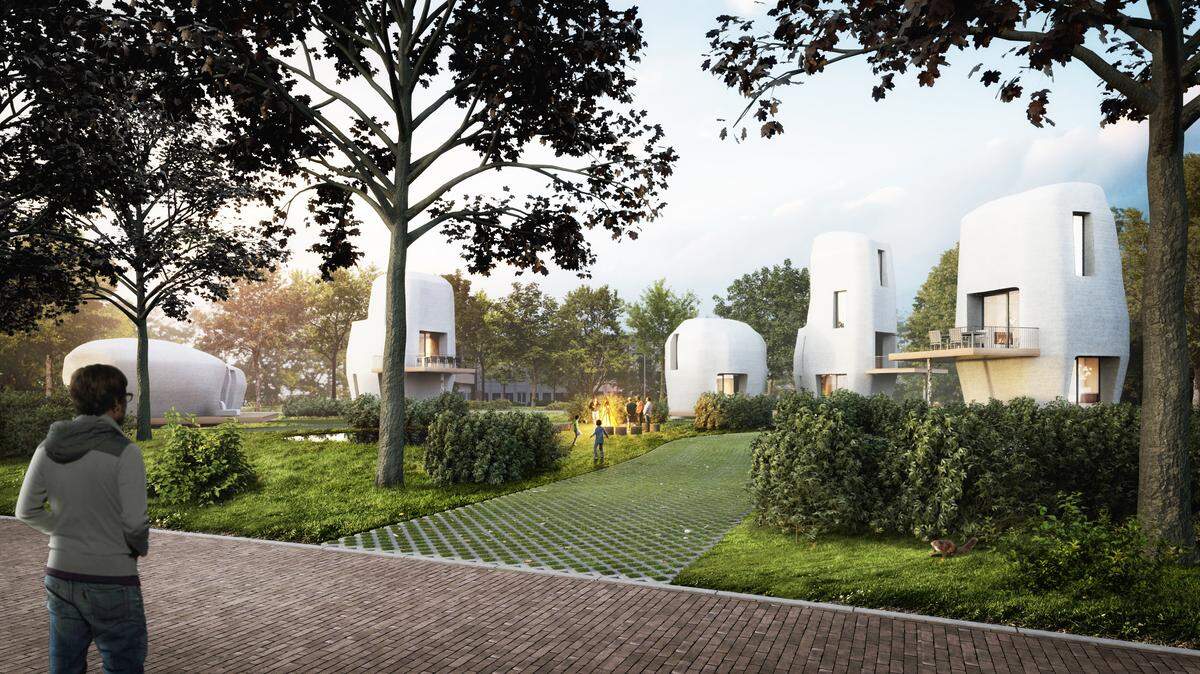 Recreación de cómo quedará la primera urbanización creada a partir de las impresoras 3D de concreto u hormigón. La primera será de una sola planta, pero después vendrán otras con varios pisos.