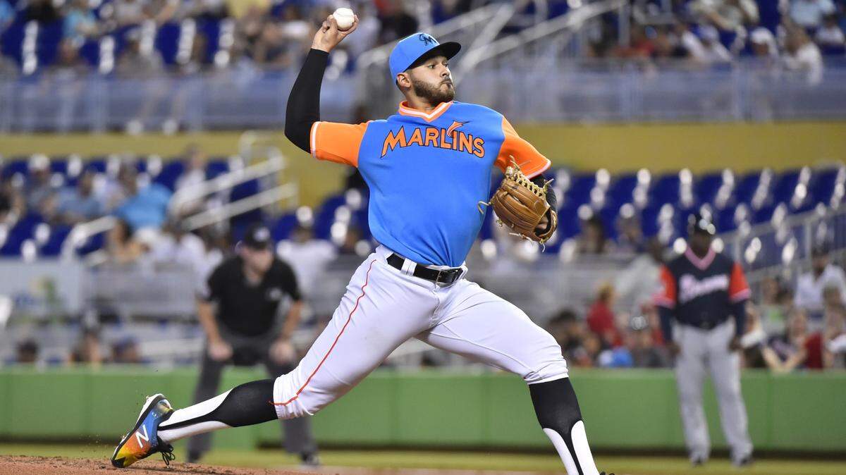 El abridor de los Marlins Pablo López lanzó cinco entradas y dos tercios y permitió una carrera a los Bravos, el 26 de agosto de 2018 en Miami.