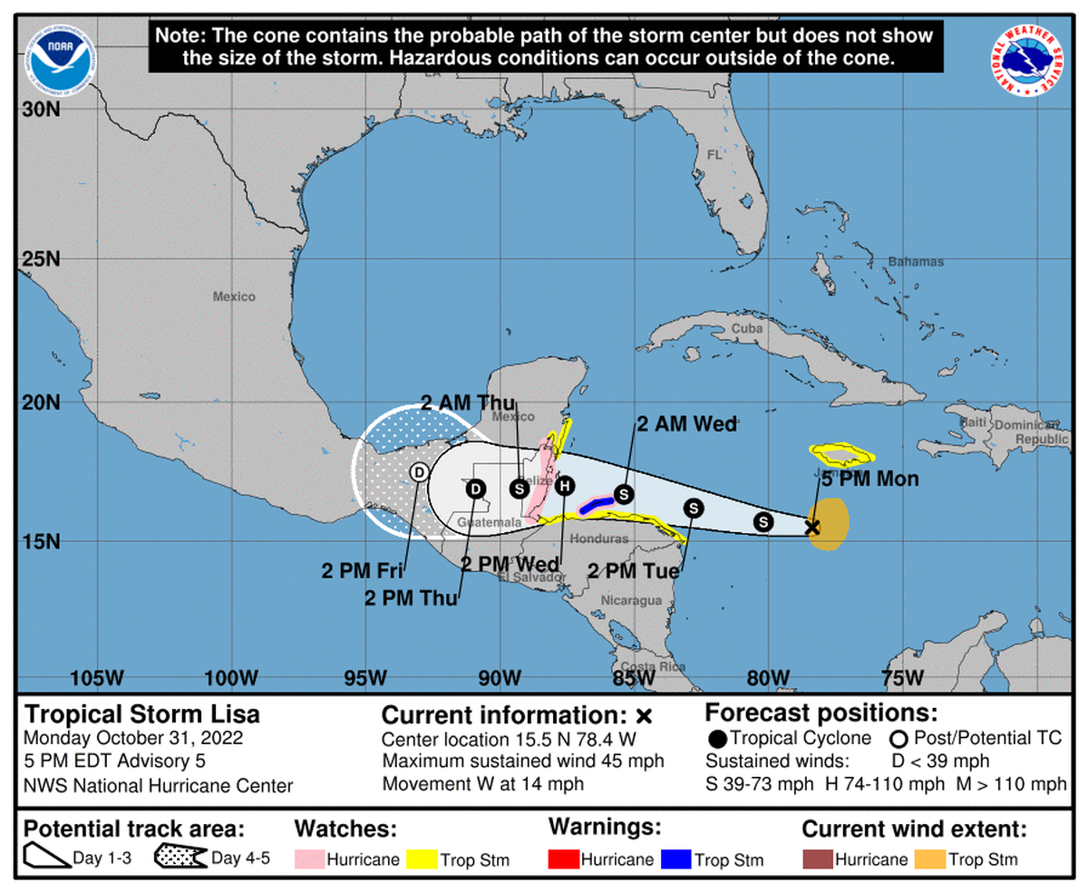 La tormenta Lisa se fortaleció en el Caribe antes de avanzar a Centroamérica a donde llegará convertida en un huracán. La región está en alerta.