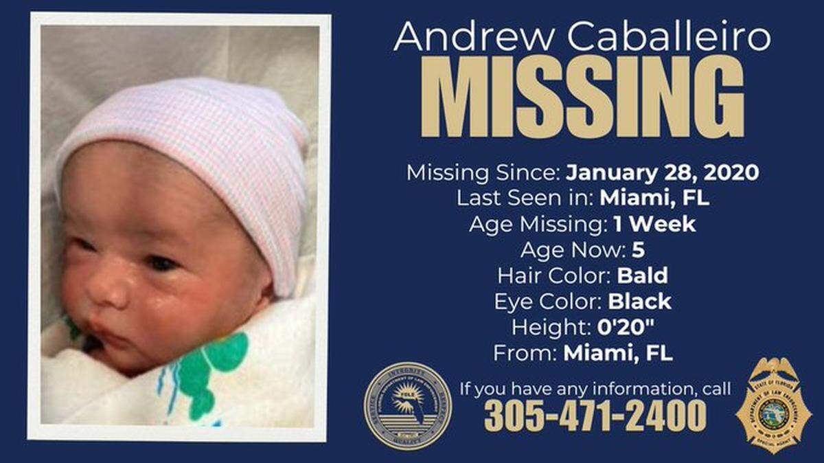 Cinco años después de la desaparición del bebé Andrew Caballeiro tras un triple homicidio en Miami en 2020 se mantiene activa una alerta AMBER.