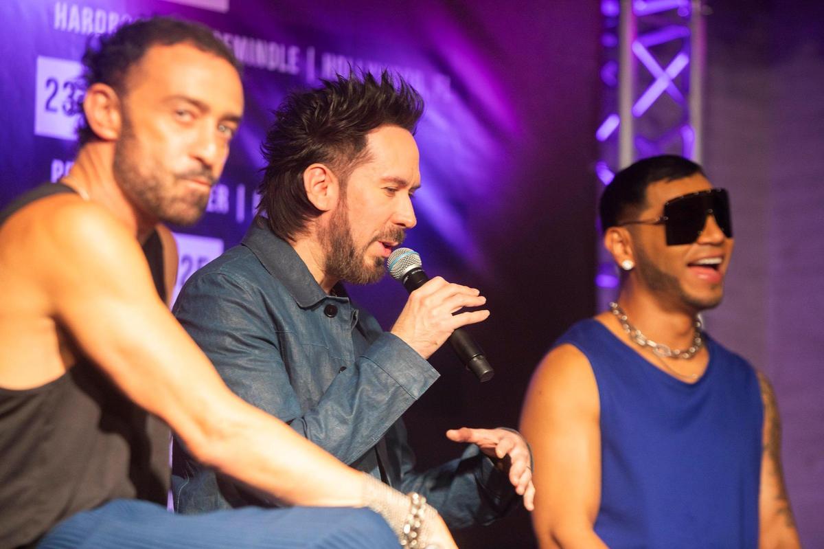 (L to R) Mario Domm, Pablo Hurtado and Samo members of Camila talks during the Press conference to announce the return of the popular band Camila to US tour at Gibson Miami Showroom on Tuesday March 11th., 2025.