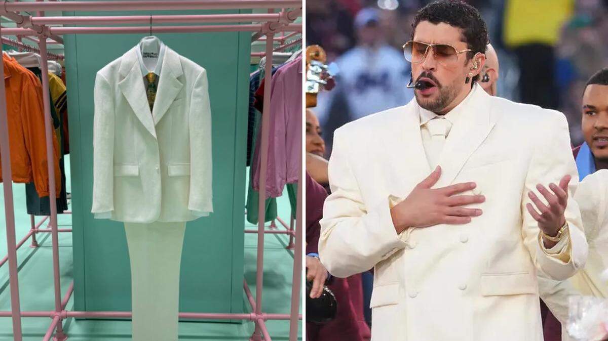 El traje que usó Bad Bunny en el Superbowl es exhibido en la nueva tienda.