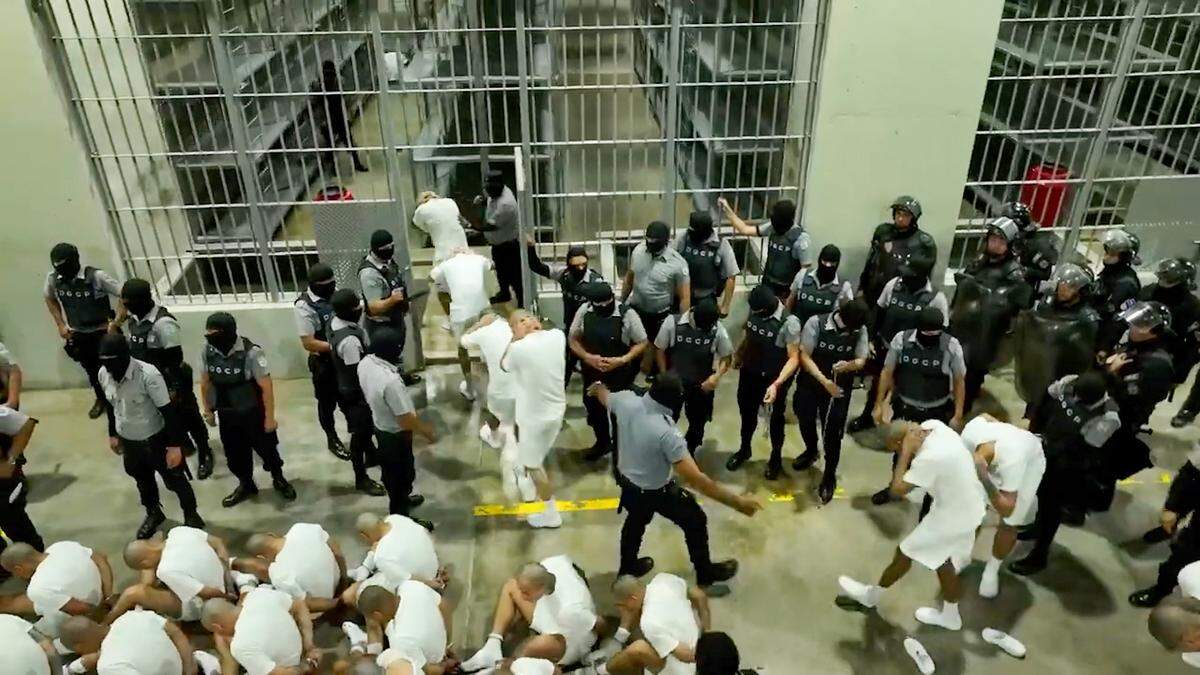 Screenshot from a video obtained from the Presidential Press Office of El Salvador shows alleged members of the Venezuelan criminal organization Tren de Aragua, deported by the United States government, detained at the Terrorism Confinement Center in Tecoluca, El Salvador, on March 16, 2025.