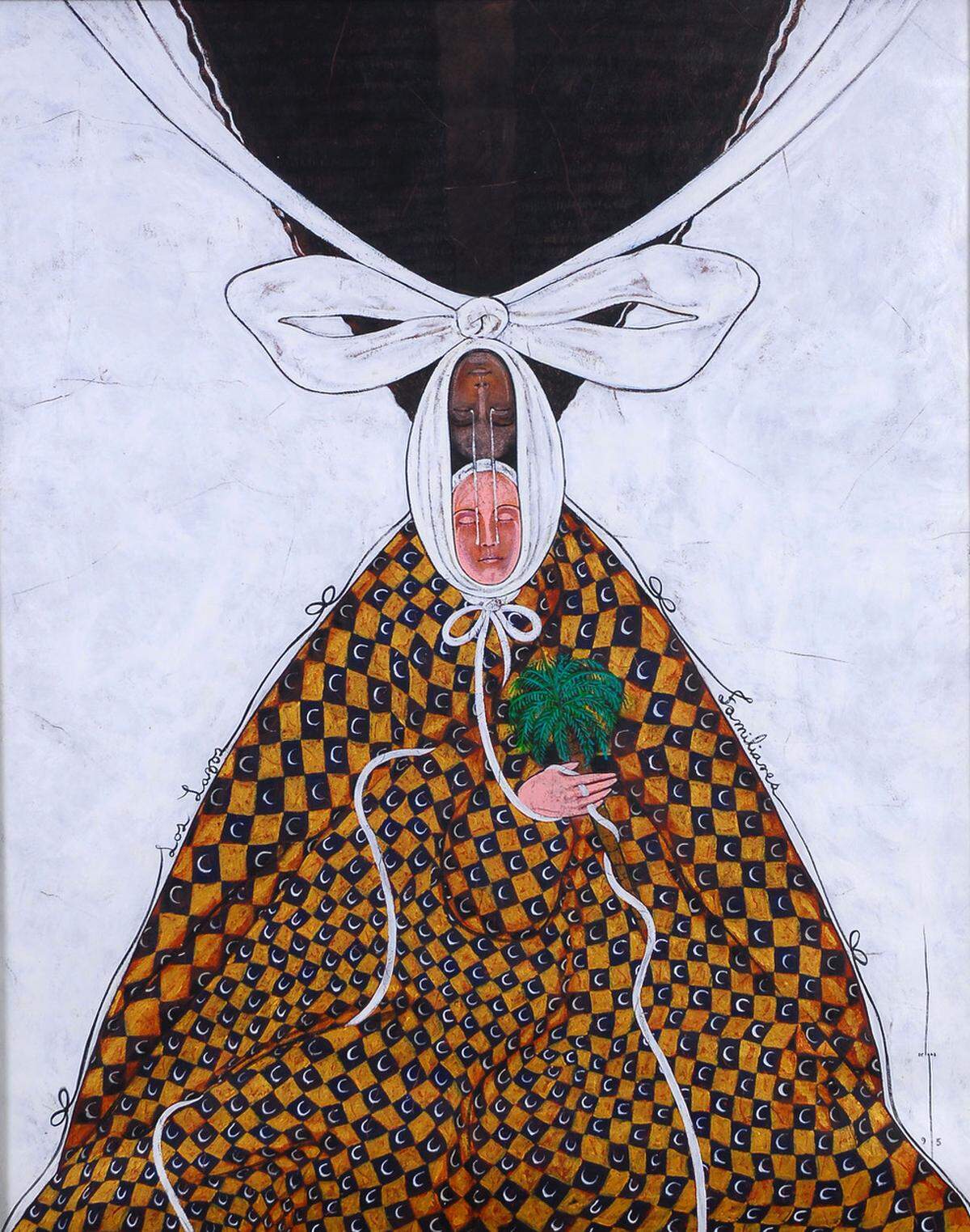 “Lazos familiares”, 1995. Acrílico sobre papel, 48 x 35.8 pulgadas (122 x 91 cm). Colección Gustavo Valdés, Guttenberg, Nueva Jersey.