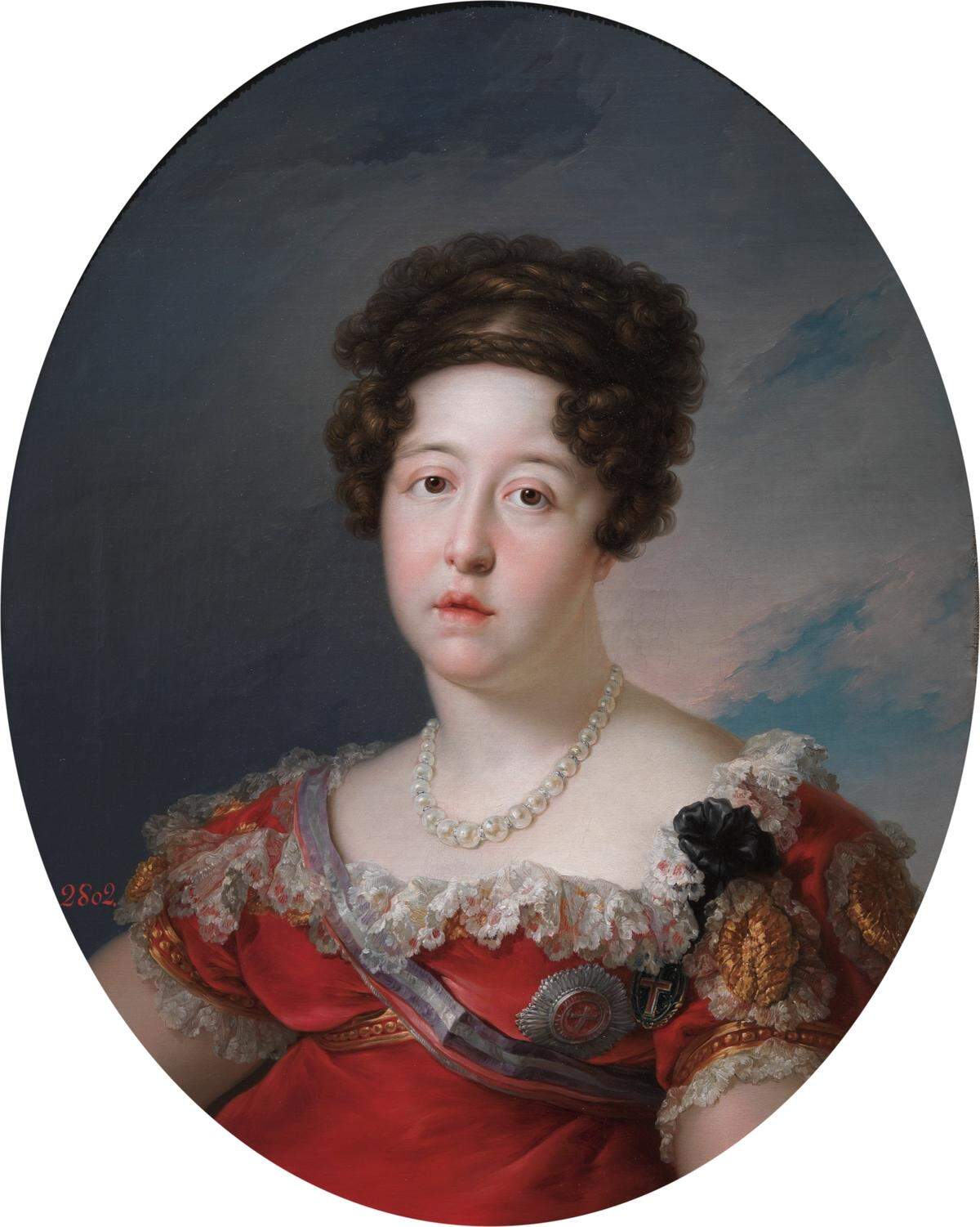 Retrato de busto corto, de Isabel de Braganza (Lisboa, 1797-Aranjuez, 1818). Segunda esposa de Fernando VII (1784-1833), a quien se atribuye la iniciativa para la creación del Museo de Pinturas, pero falleció sin ver abierto el Real Museo de Pinturas. Por Vicente López Portaña.