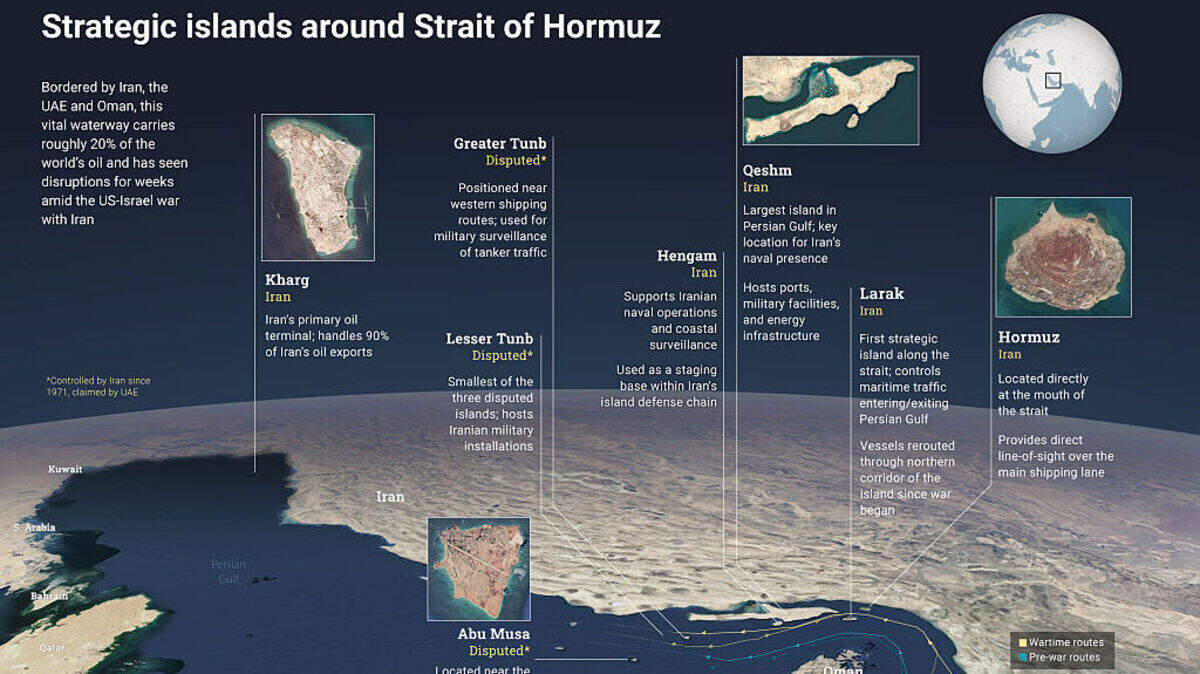  Infografía titulada “Islas estratégicas alrededor del estrecho de Ormuz”, creada en Ankara, Turquía, el 4 de abril de 2026. 