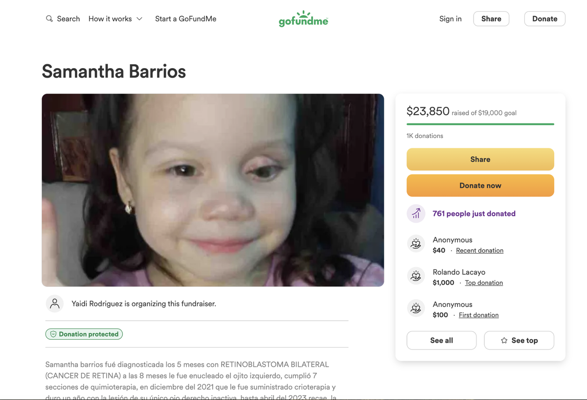 GoFundme para operación de Samantha Barrios.