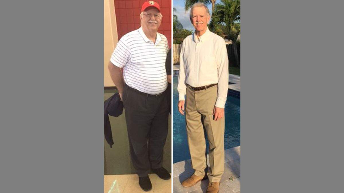 Michael Cobb cuando pesaba 250 libras y después con un peso de 175 libras. Michael Cobb, de 65 años, continúa visitando el centro de bienestar del hospital, asistiendo actualmente casi todos los días luego del trabajo. Hace una hora de cardio tres veces a la semana, los otros dos días entrena en fortalecimiento y algo de cardio.