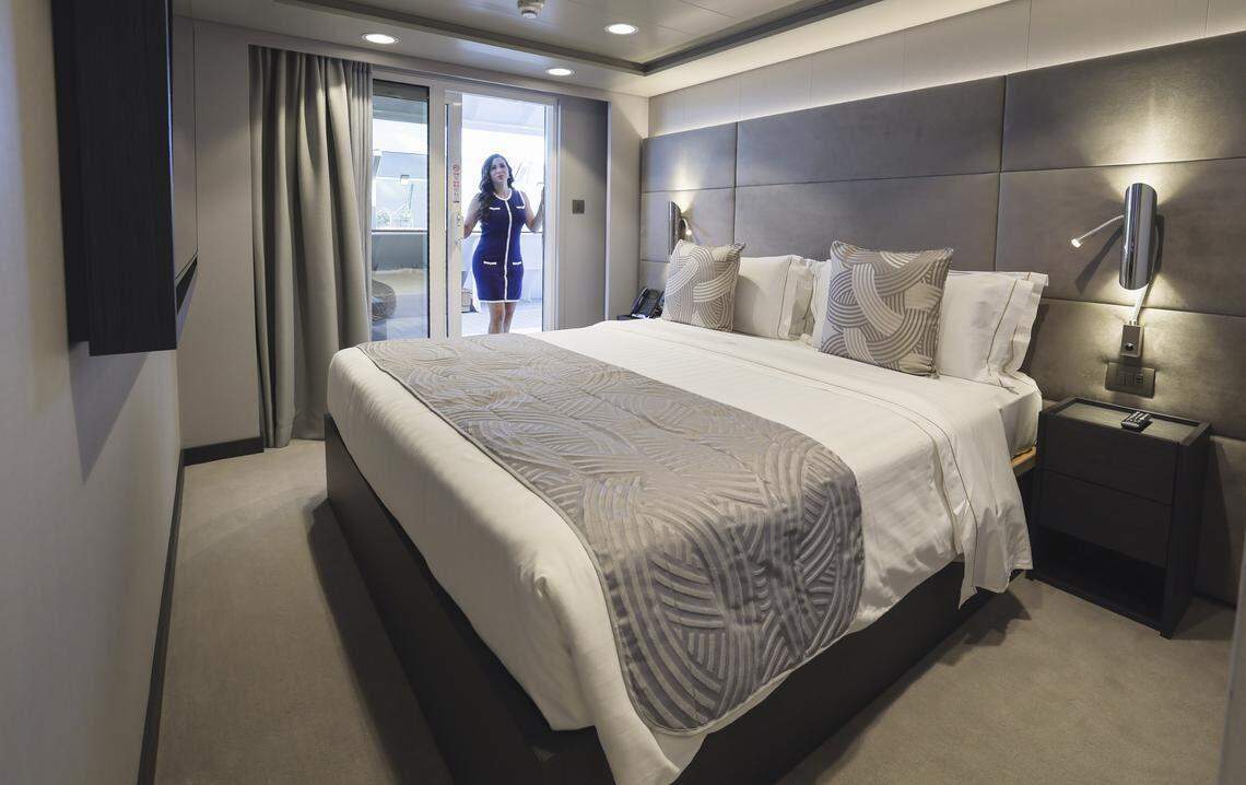El dormitorio principal de la Royal Suite, ubicada en el MSC Yacht Club del MSC Poesia, atracado en PortMiami, en Miami, Florida, el miércoles 22 de abril de 2026.