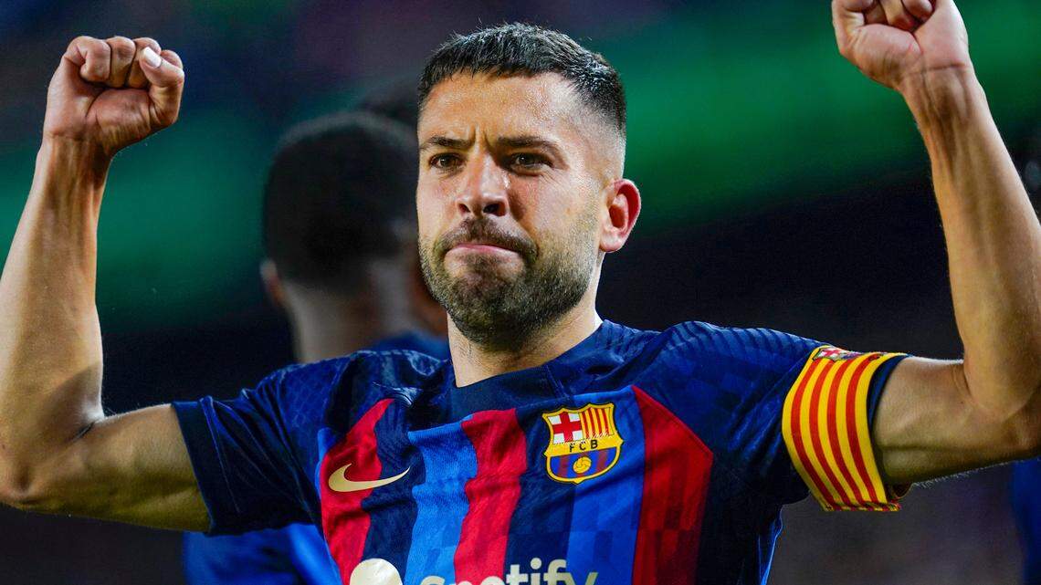 Jordi Alba of FC Barcelona celebrates his goal during the La Liga match between FC Barcelona and CA Osasuna played at Spotify Camp Nou Stadium on May 2, 2023 in Barcelona, Spain. He is expected to sign with Inter Miami in the coming days.