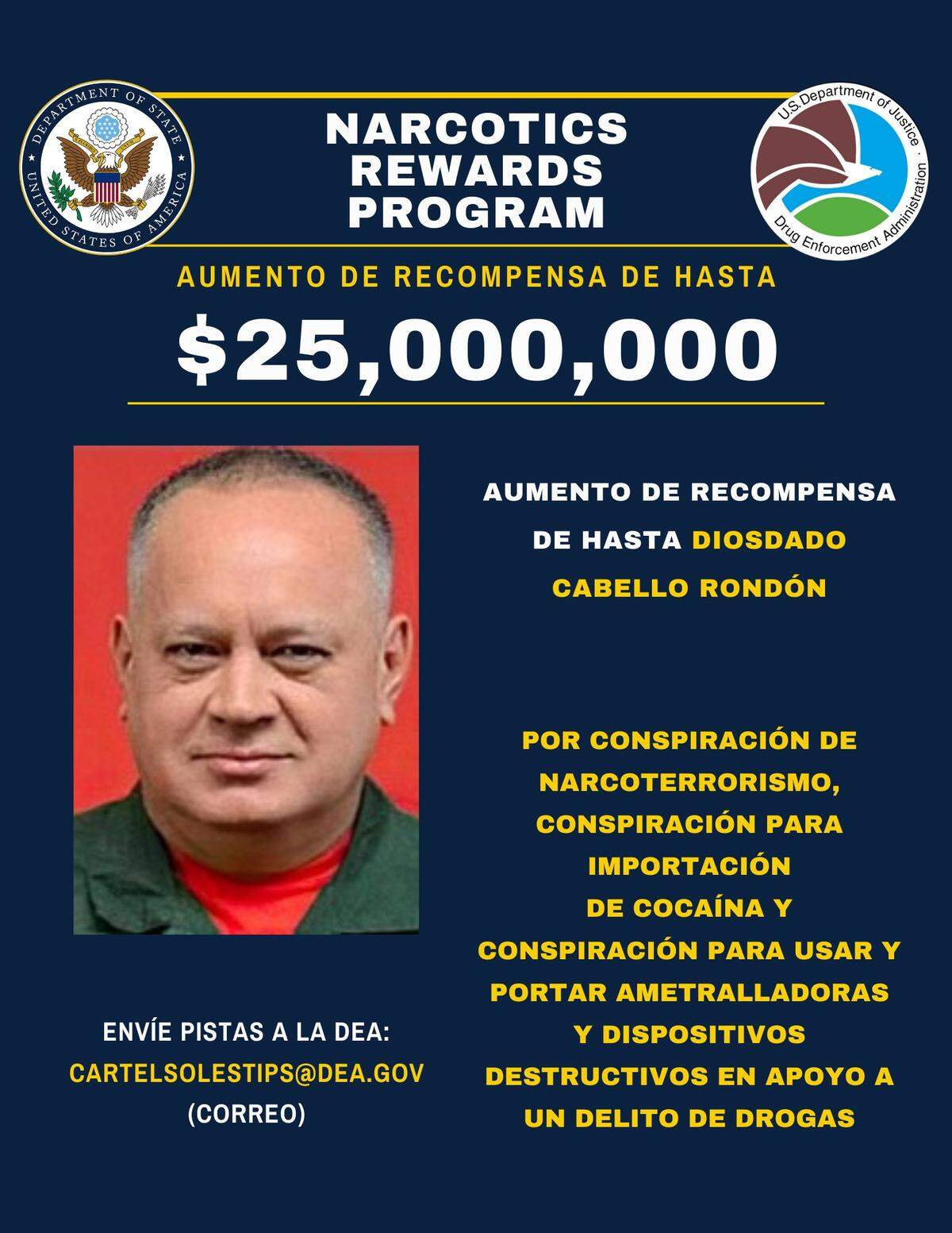 Recompensa ofrecida por el gobierno de Estados Unidos por la captura del ministro del Interior del régimen venezolano, Diosdado Cabello.
