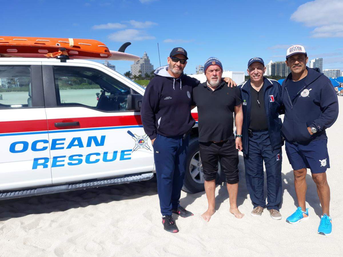 Juan Carlos Martínez, Nino Fraguela, el capitán Manuel Rodríguez Lestón y Lázaro Hernández (de izq. a der.) en Miami Beach, en la primera quincena de enero 2023.