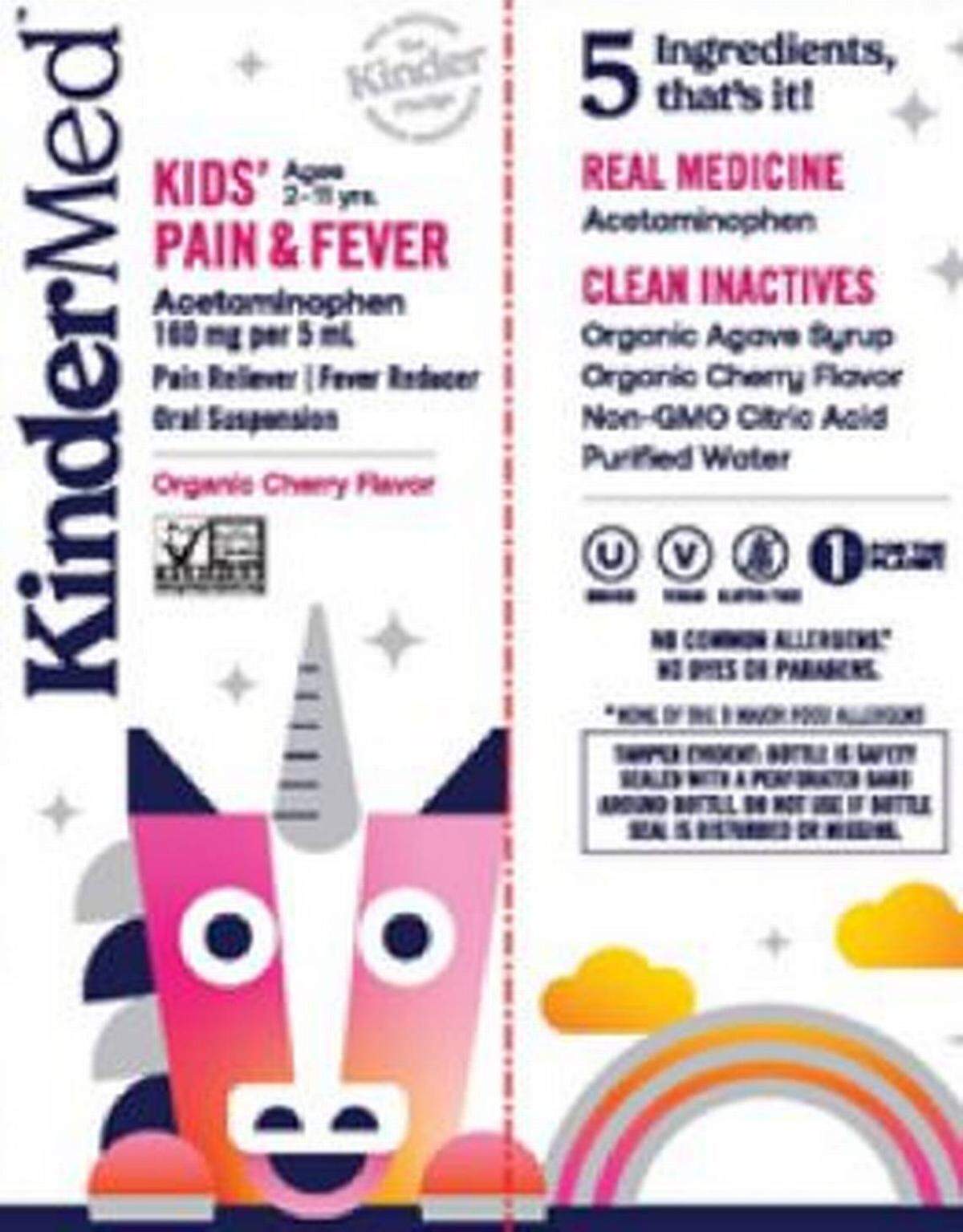 La caja de KinderMed Kids’ Pain & Fever, de cuatro onzas/118 ml, con acetaminofeno, 160 mg por cinco ml, suspensión oral.