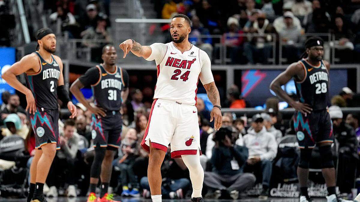 DETROIT, MICHIGAN - JANUARY 01: Norman Powell #24 of the Miami Heat reacts against the Detroit Pistons during the third quarter at Little Caesars Arena on January 01, 2026 in Detroit, Michigan. NOTE TO USER: User expressly acknowledges and agrees that, by downloading and or using this photograph, User is consenting to the terms and conditions of the Getty Images License Agreement. (Photo by Nic Antaya/Getty Images)
