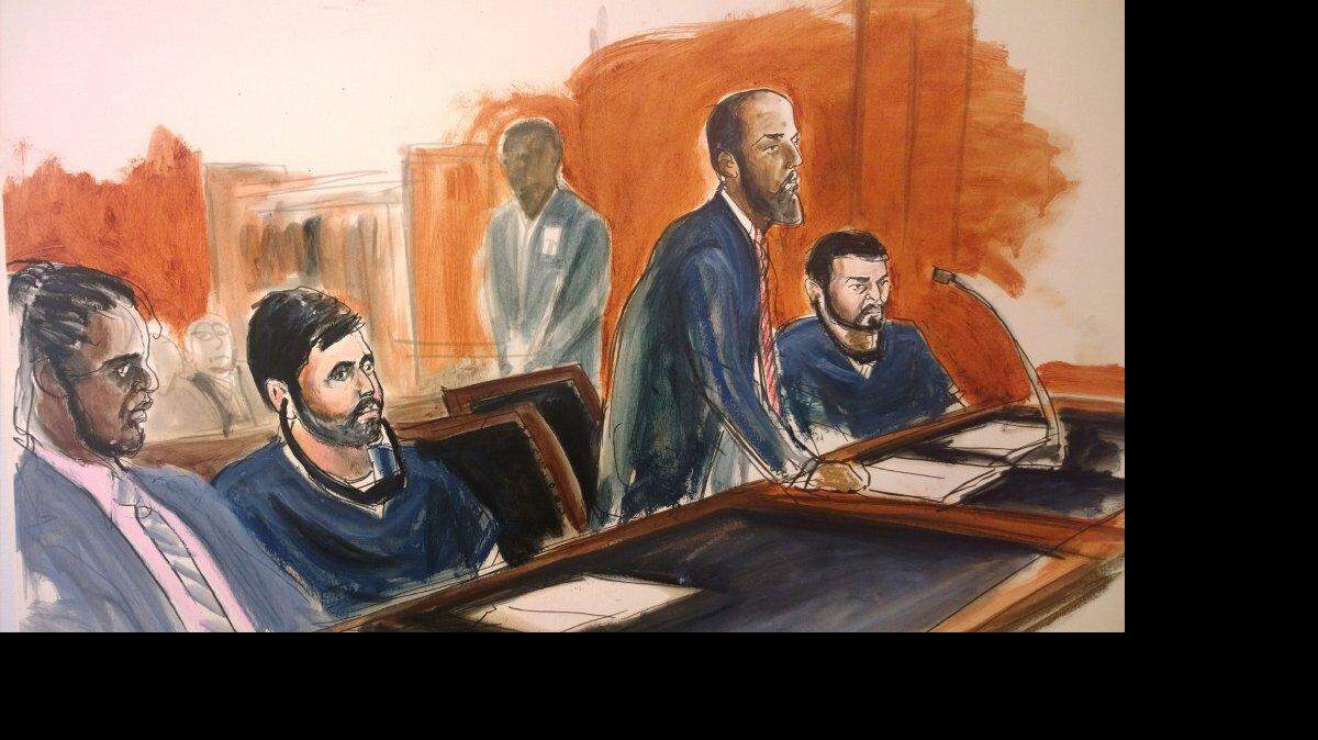 Dibujo sobre el caso por narcotráfico en la Corte Federal de Manhattan contra los sobrinos de la esposa de Nicolás Maduro, Antonio Campo Flores (2do izq.) y Francisco Flores De Freitas (der.).