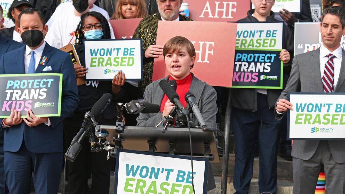 Student activist Kaylee Sandell speaks at a press conference at the Florida Capitol organized by Equality Florida, the AIDS Healthcare Foundation and the Human Rights Campaign in 2022.