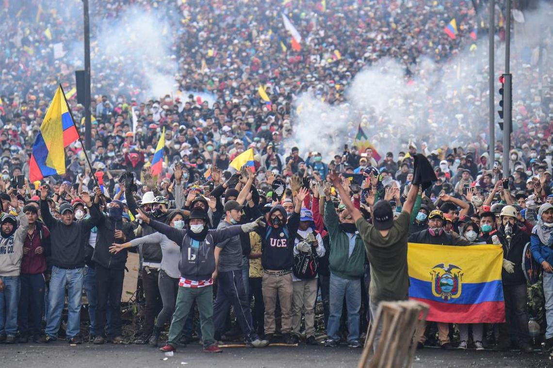 Demonstrators take part in a protest over a fuel price hike ordered by the government to secure an IMF loan in Quito, Ecuador, on Oct. 11, 2019.