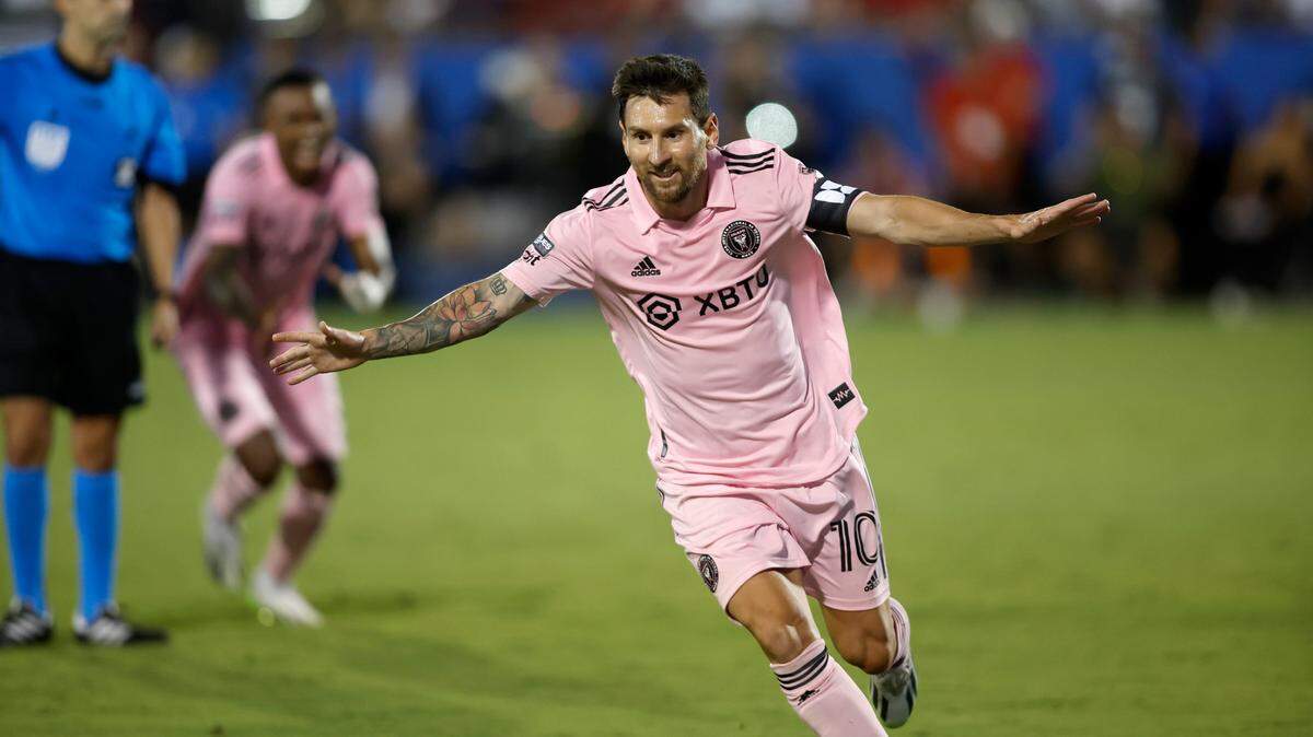 Aug 6, 2023; Frisco, TX, USA; Inter Miami CF forward Lionel Messi (10) reacts after scoring in the second half against FC Dallas at Toyota Stadium. Mandatory Credit: Tim Heitman-USA TODAY Sports