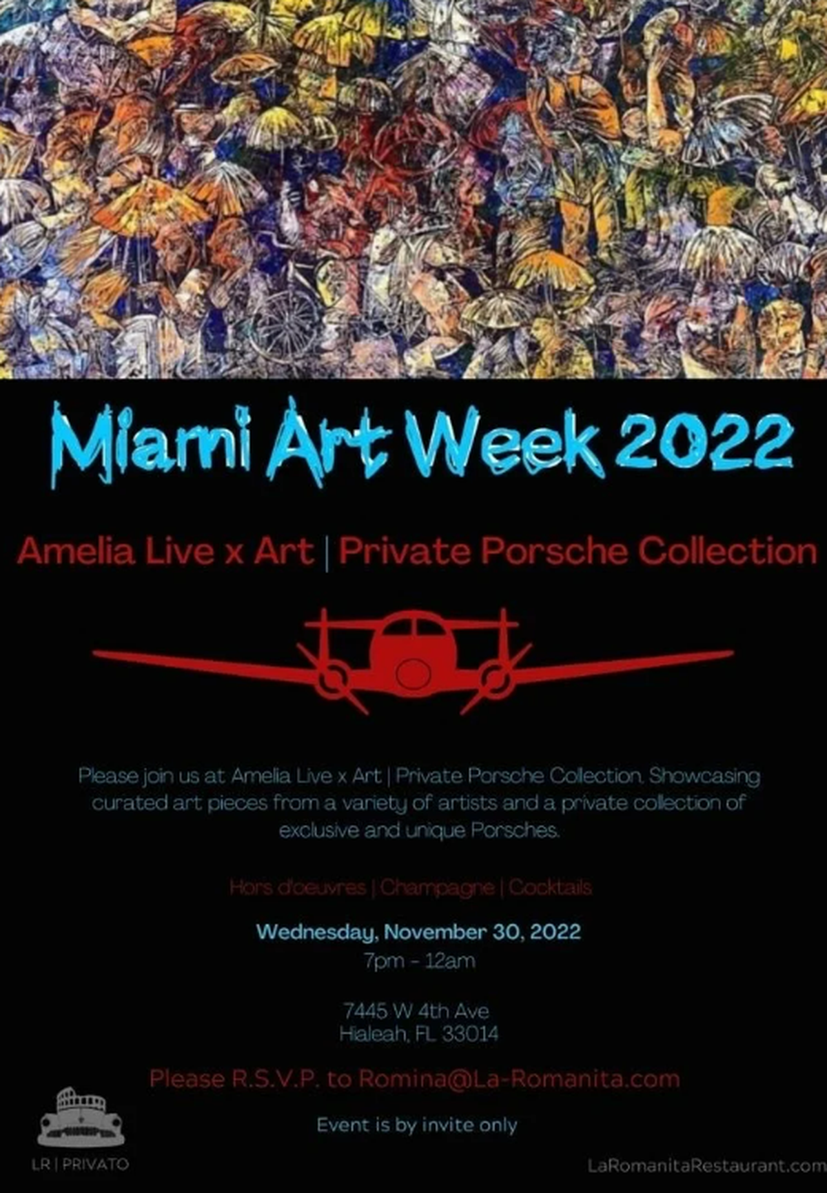 Flyer for the first exhibition of Amelia Live x Art, a Private Porsche Showcase Collection that will feature curated artwork from a variety of artists and a private collection of Porsches